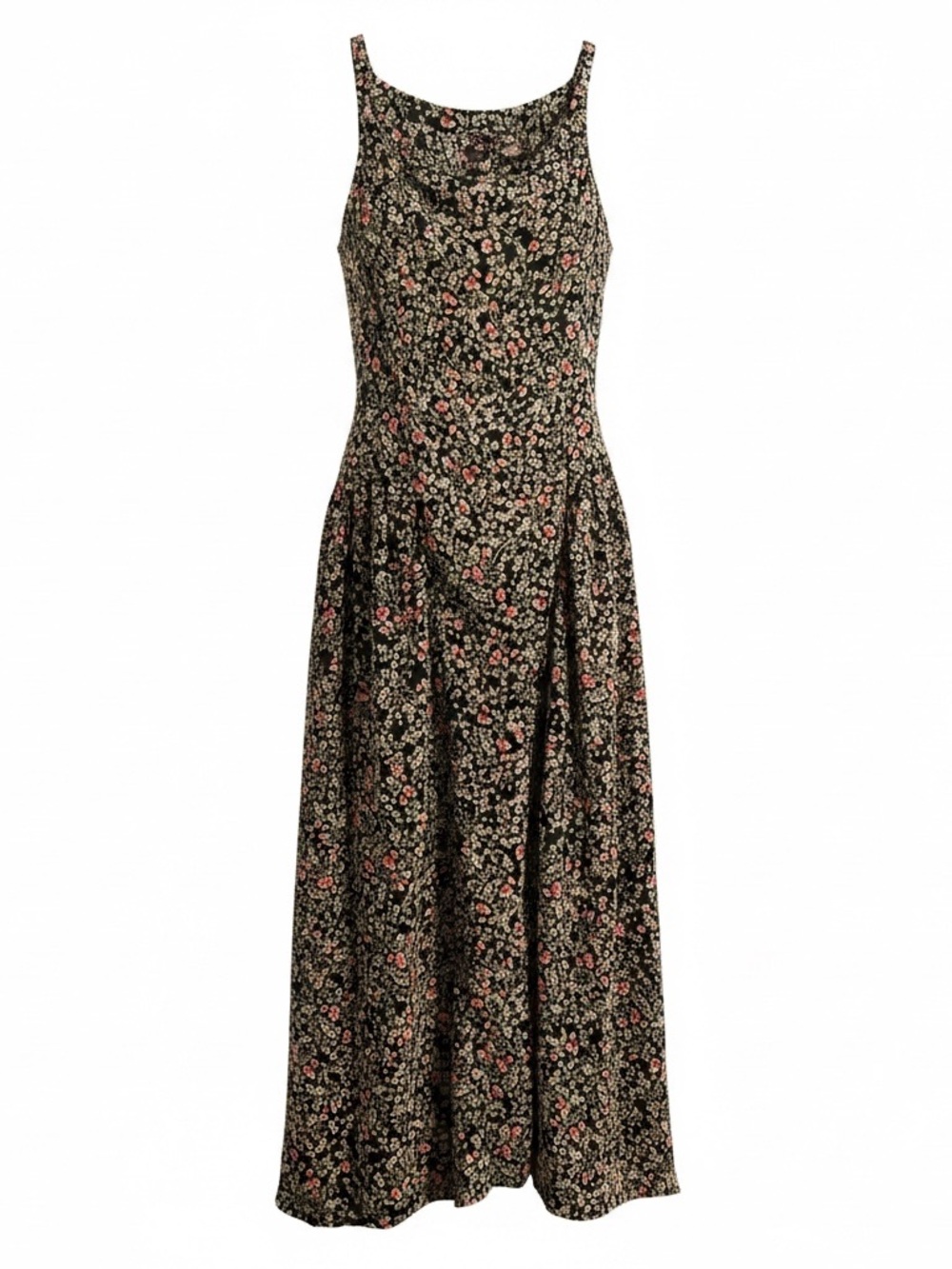 Floral Maxi Dress in Black with Delicate Ditsy Pinkish Red Floral NWOT Medium